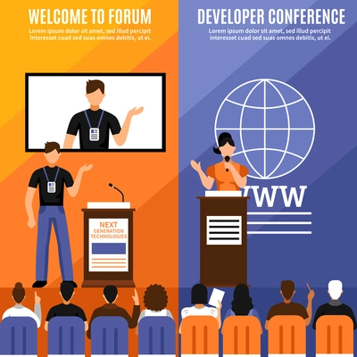 Two conference hall interior vertical banner set with welcome to forum and developer conference descriptions vector illustration