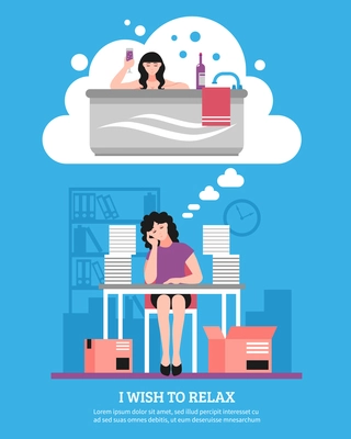 Office workplace and woman wishing to relax and to take bath on blue background flat vector illustration