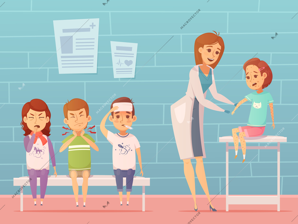 Child diseases at doctors office composition with ill cartoon characters of suffering children and female pediatrician vector illustration