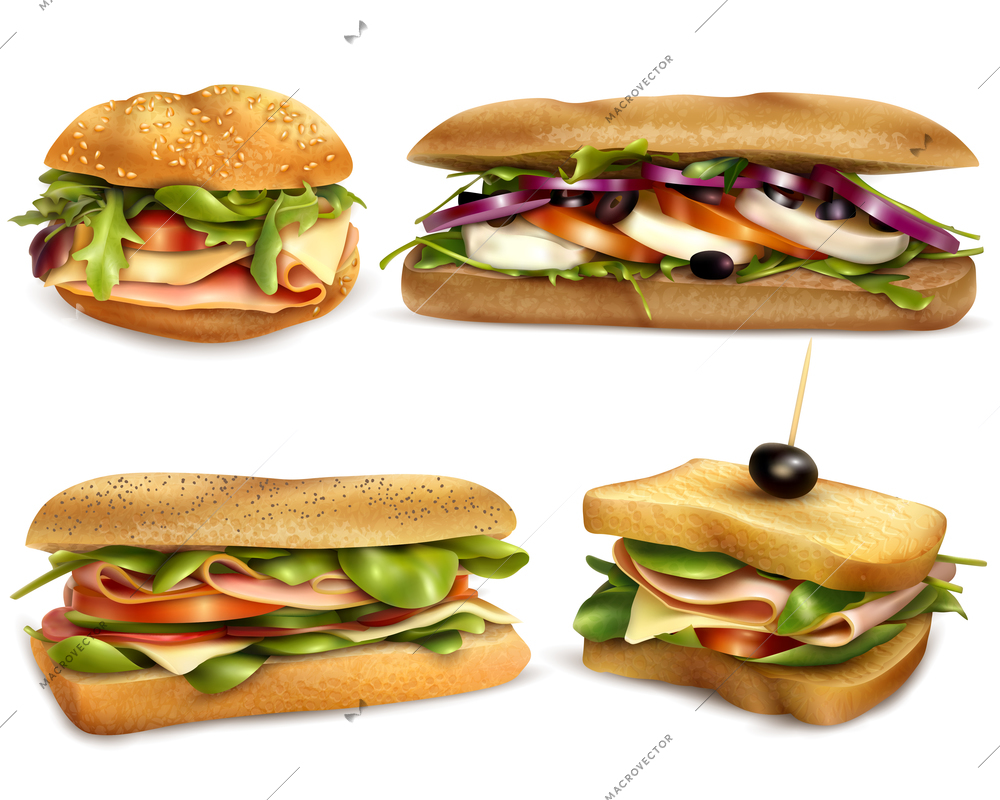 Fresh healthy whole grain sandwiches set with cheese ham mozzarella tomatoes onion and olives realistic vector illustration