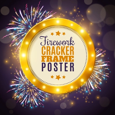 Shimmering golden round frame in festive firework crackers lights on dark background poster abstract vector illustration