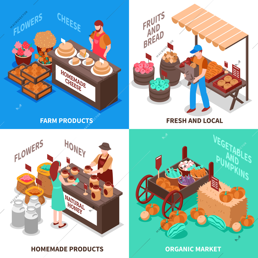 Farmers market design concept with four isometric square trade fair compositions with fresh homemade farm products vector illustration