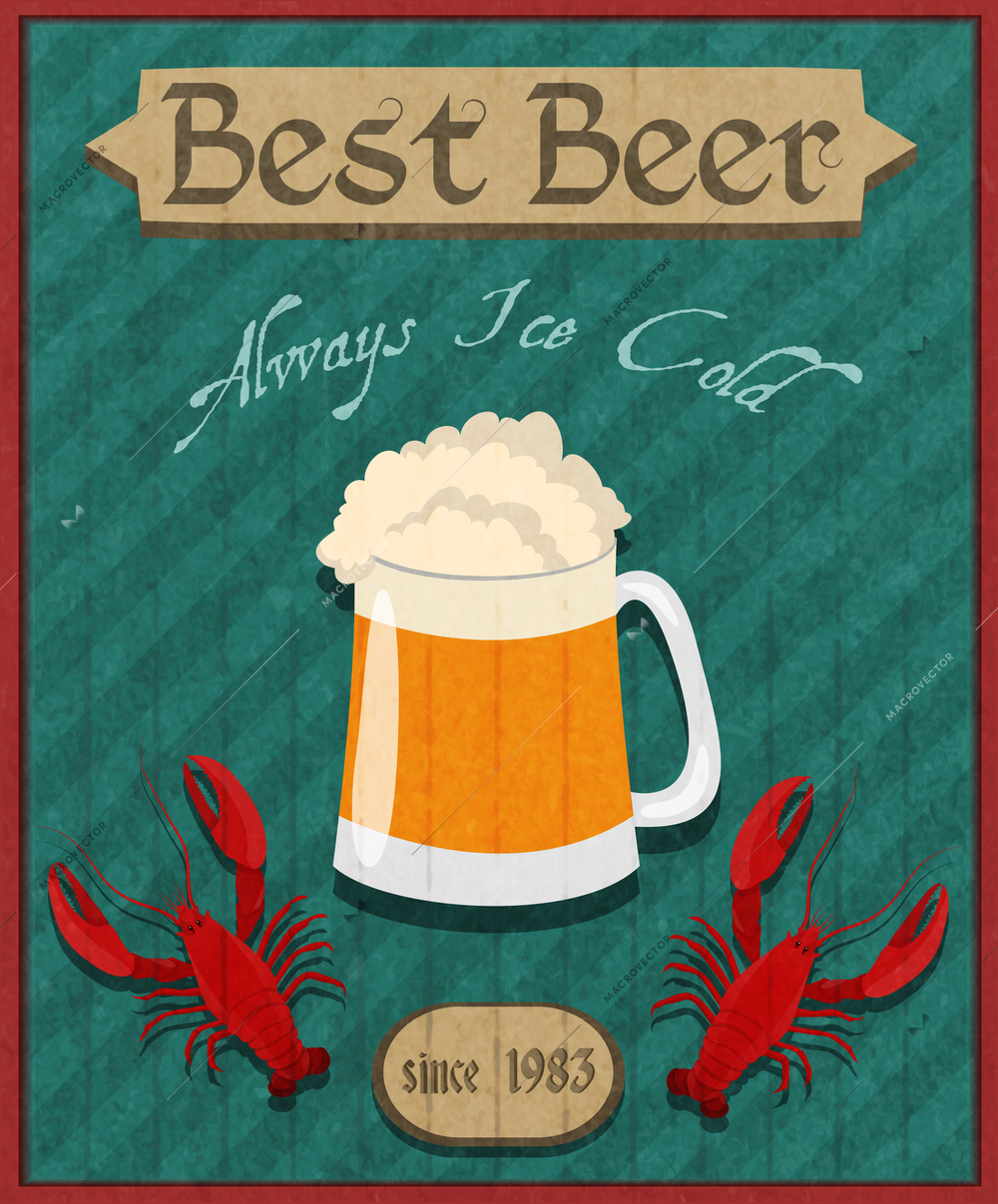 Best beer pub bar restaurant retro poster with mug and crawfish lobster vector illustration