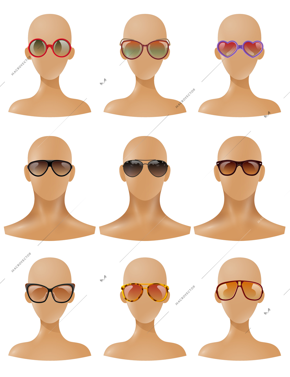 Partial body parts realistic mannequins bald heads with fashionable sunglasses windows display collection  realistic isolated vector illustration