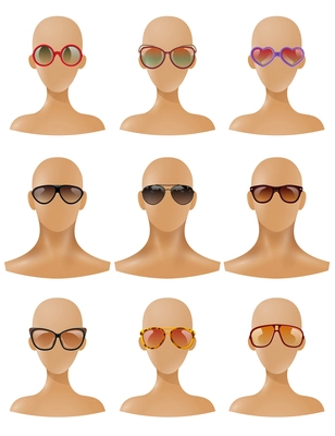 Partial body parts realistic mannequins bald heads with fashionable sunglasses windows display collection  realistic isolated vector illustration