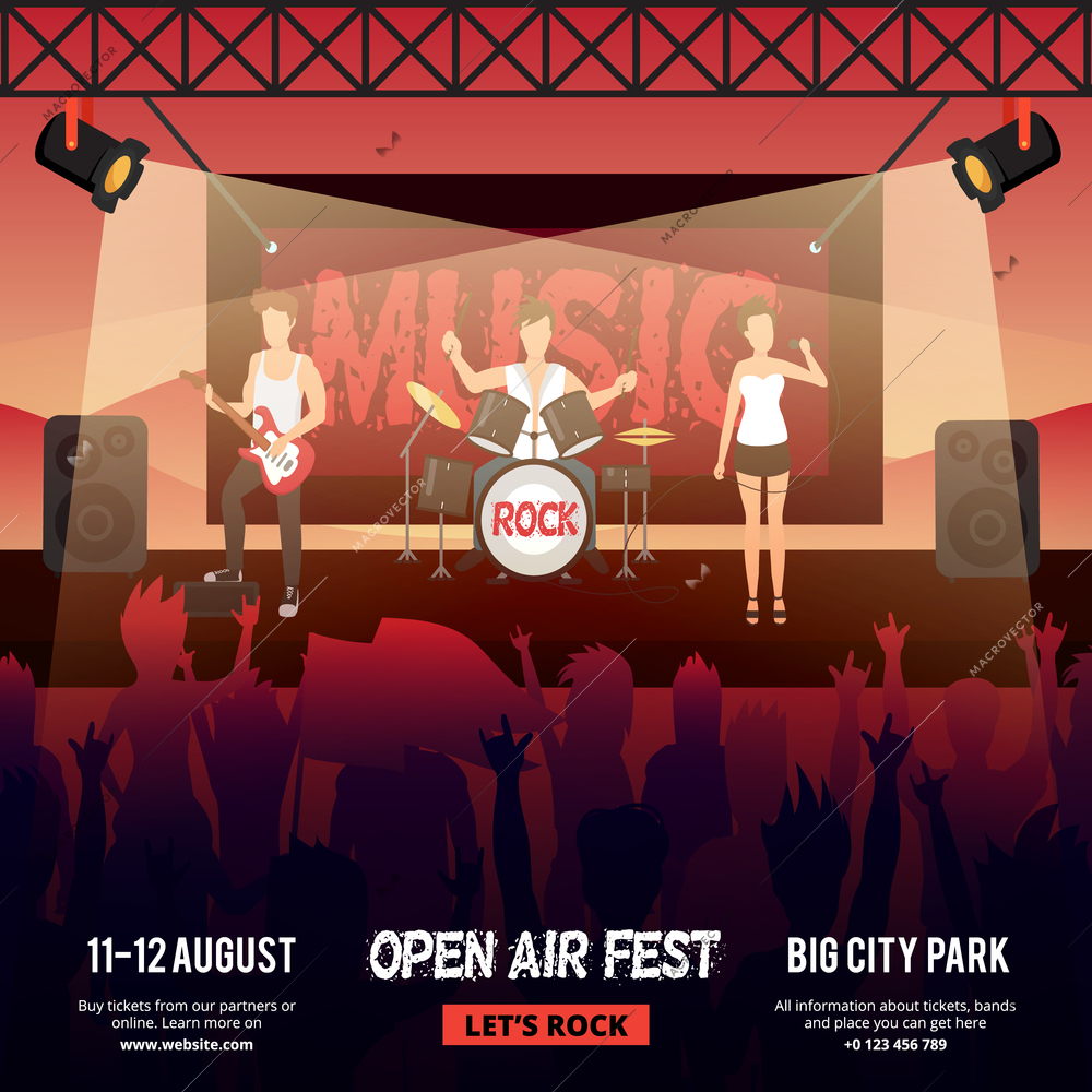 Festival square banner with female-fronted rock music band performing on stage in front of audience vector illustration