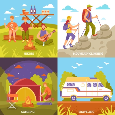 Camping hiking design concept with four square outdoor compositions motorhome tent campfire and faceless people characters vector illustration