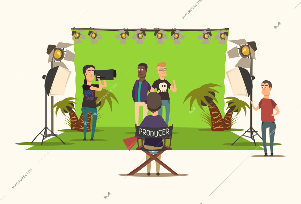 Movie making flat composition with producer assistant cameraman and actors on white background vector illustration