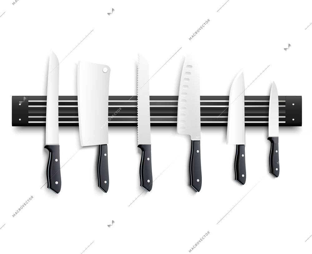 Variety of kitchen knives with black handle on magnetic strip on white background 3d vector illustration