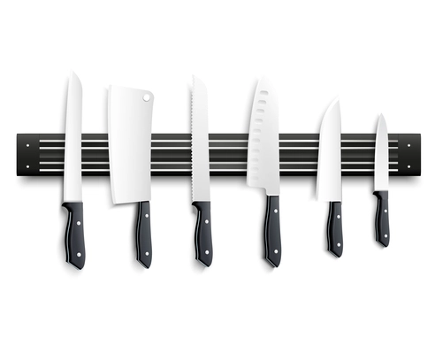 Variety of kitchen knives with black handle on magnetic strip on white background 3d vector illustration