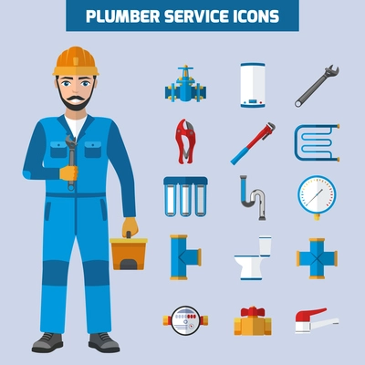 Plumber icons set with flat male sanitary technician character tubes tools and bath equipment images vector illustration