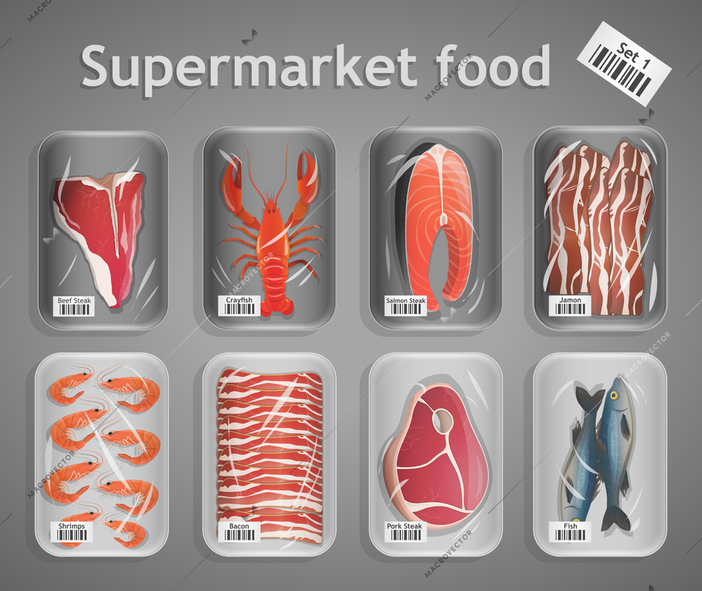 Frozen fresh fish and meat supermarket food in pack decorative elements vector illustration