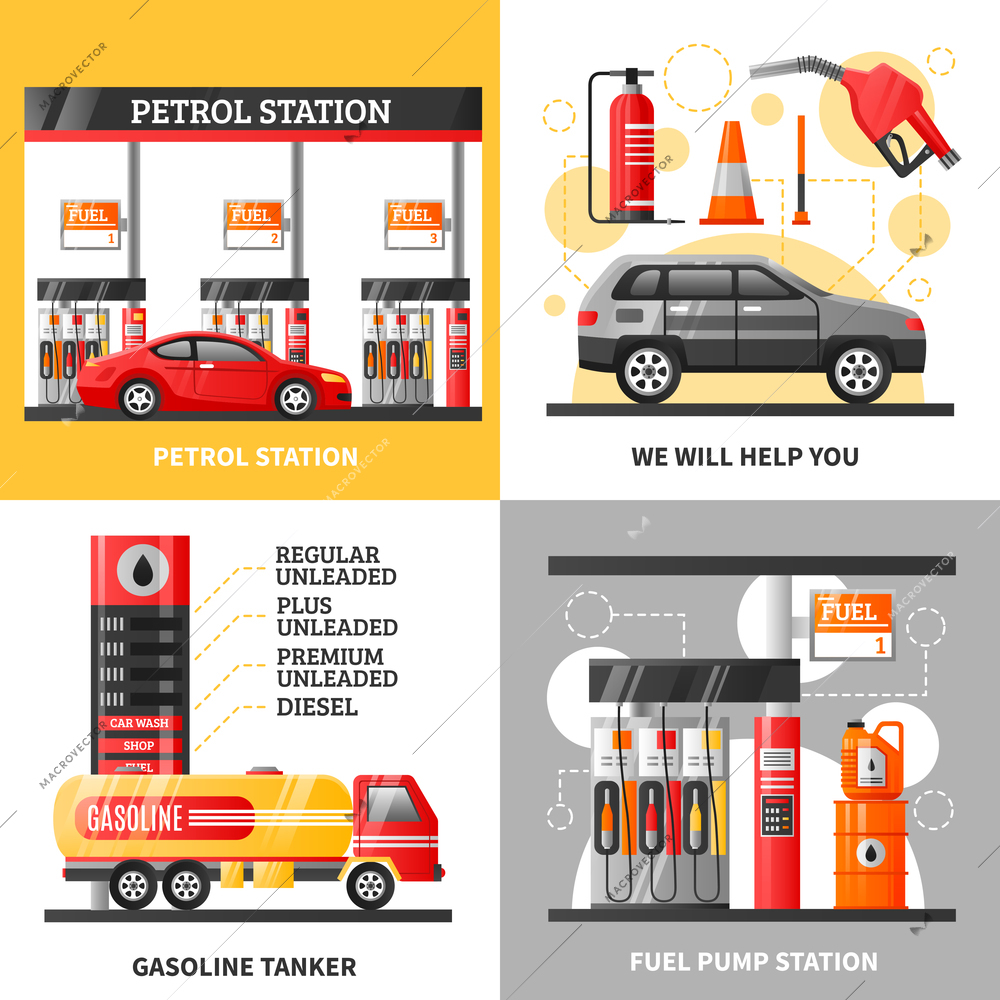 Gas and petrol station 2x2 design concept with petrol station gasoline tanker and fuel pump station flat vector illustration