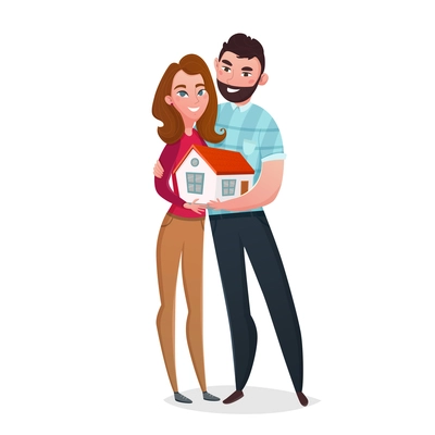 House warming couple composition with two cartoon style human characters of wife and husband holding  small house vector illustration