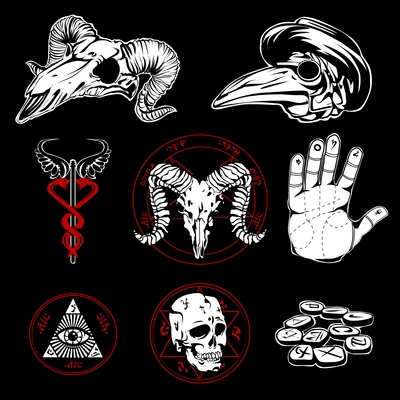 Hand drawn esoteric emblems and occult attributes with pyramid wings all seeing eye  and human palm on black background flat vector illustration