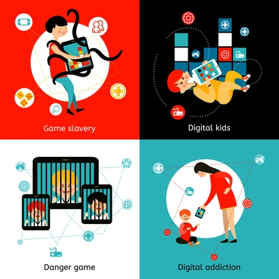 Children and youth internet games addiction danger 4 flat icons square poster mails abstract isolated vector illustration