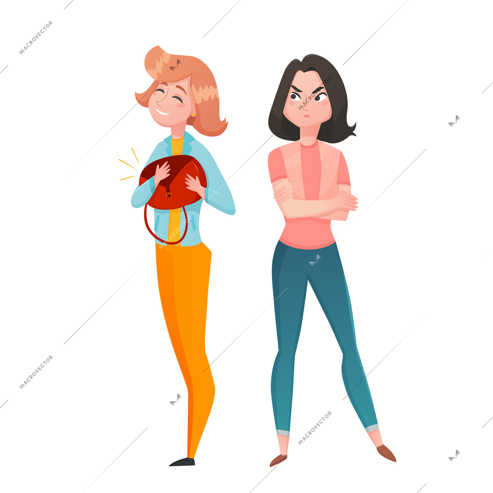 Two young women cartoon characters with girl feel envy for another with fashionable expensive bag vector illustration