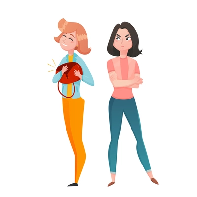Two young women cartoon characters with girl feel envy for another with fashionable expensive bag vector illustration