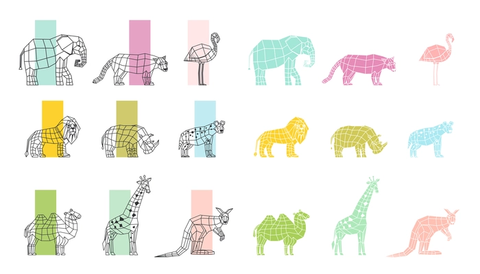 Southern wild animals polygonal linear computer graphic image color choosing process flat icons set vector illustration