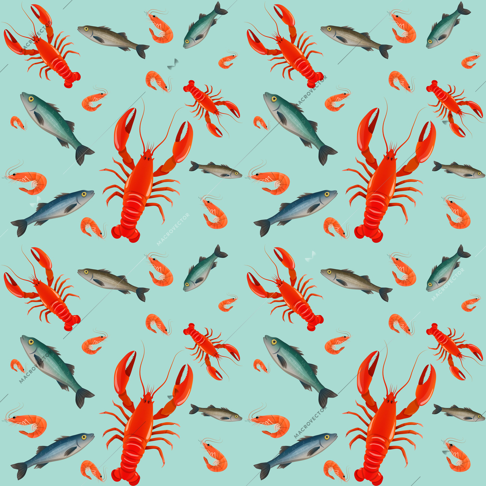 Lobster sea food mint parsley lemon olive seamless pattern vector illustration