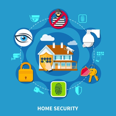 Home security concept with protection symbols on blue background flat vector illustration