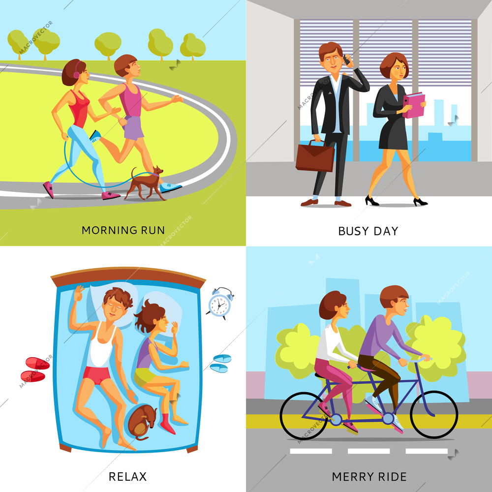 Lifestyle people 2x2 compositions presenting couple in morning run busy day relax and merry ride cartoon vector illustration