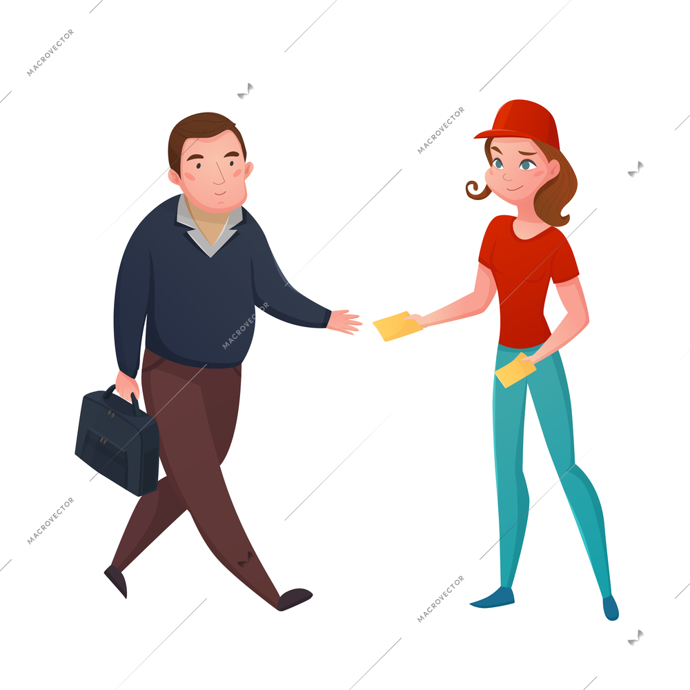 Street flyer promotion decorative icons set with young girl hands out leaflets to pedestrian flat vector illustration