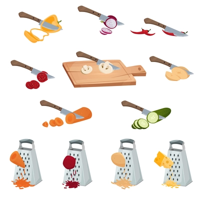 Vegetables preparing set of tools for chopping cutting by knife and grater isolated vector illustration