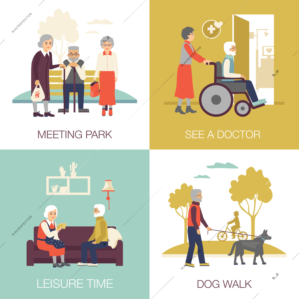 Old age people in different situations design concept 2x2 flat isolated icons set vector illustration