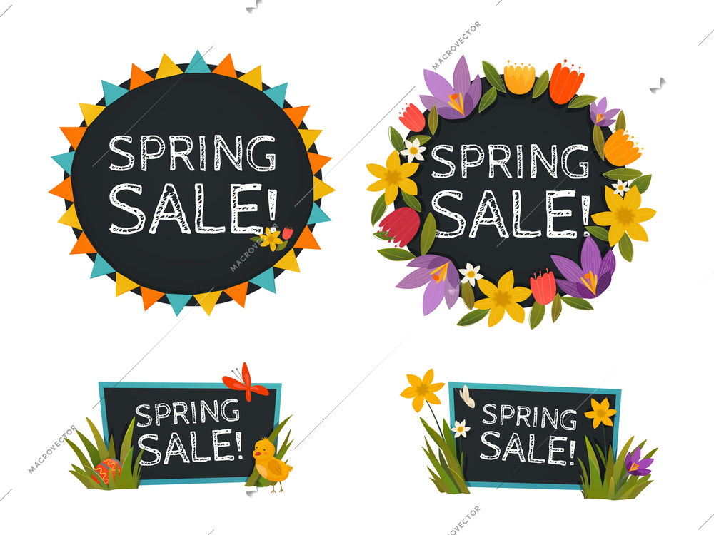 Spring sale chalkboard banners with decorative  frames contain colorful sun rays and flowers flat vector illustration