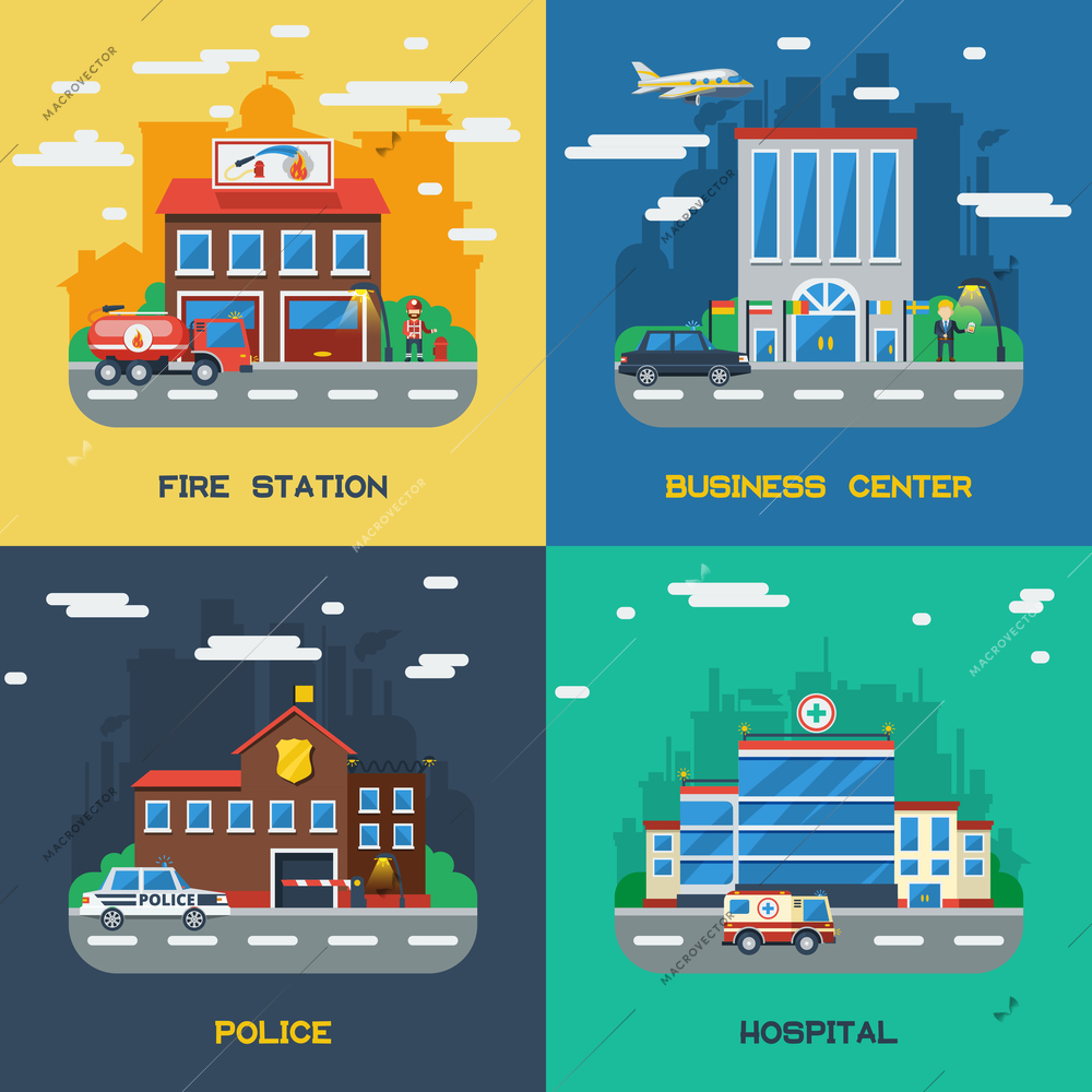 Government buildings 2x2 flat design concept set of fire station business center police and hospital vector illustration