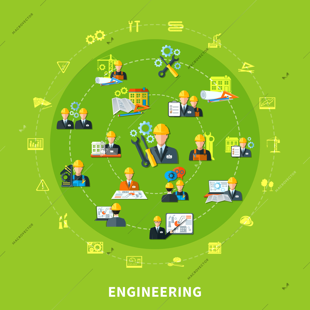 Engineering composition with isolated emoji style project development icons and tool silhouettes placed on concentric circles vector illustration