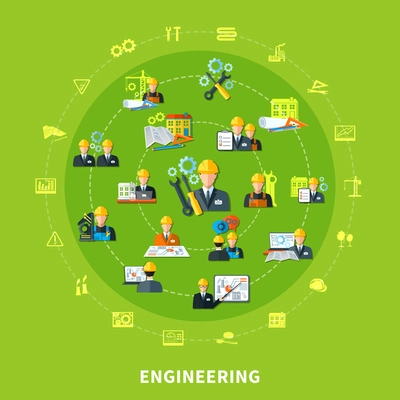 Engineering composition with isolated emoji style project development icons and tool silhouettes placed on concentric circles vector illustration