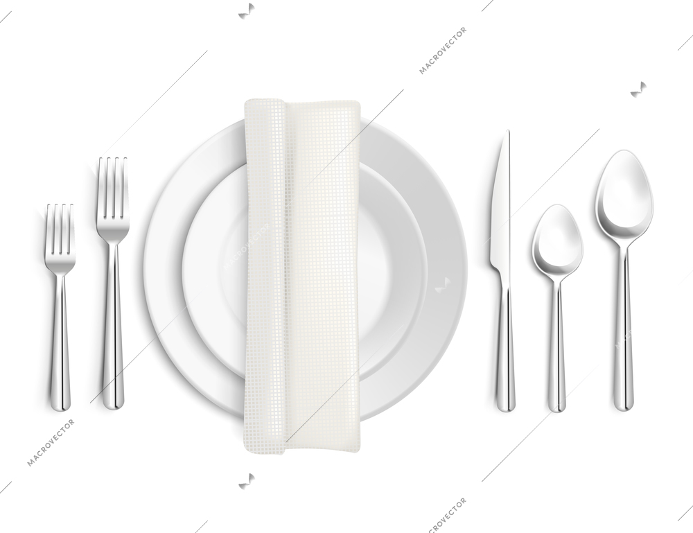 Table appointments top view 3d design with cutlery napkin and plates on white background isolated vector illustration