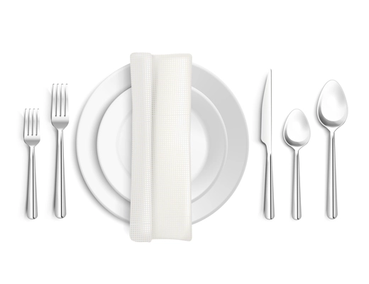 Table appointments top view 3d design with cutlery napkin and plates on white background isolated vector illustration