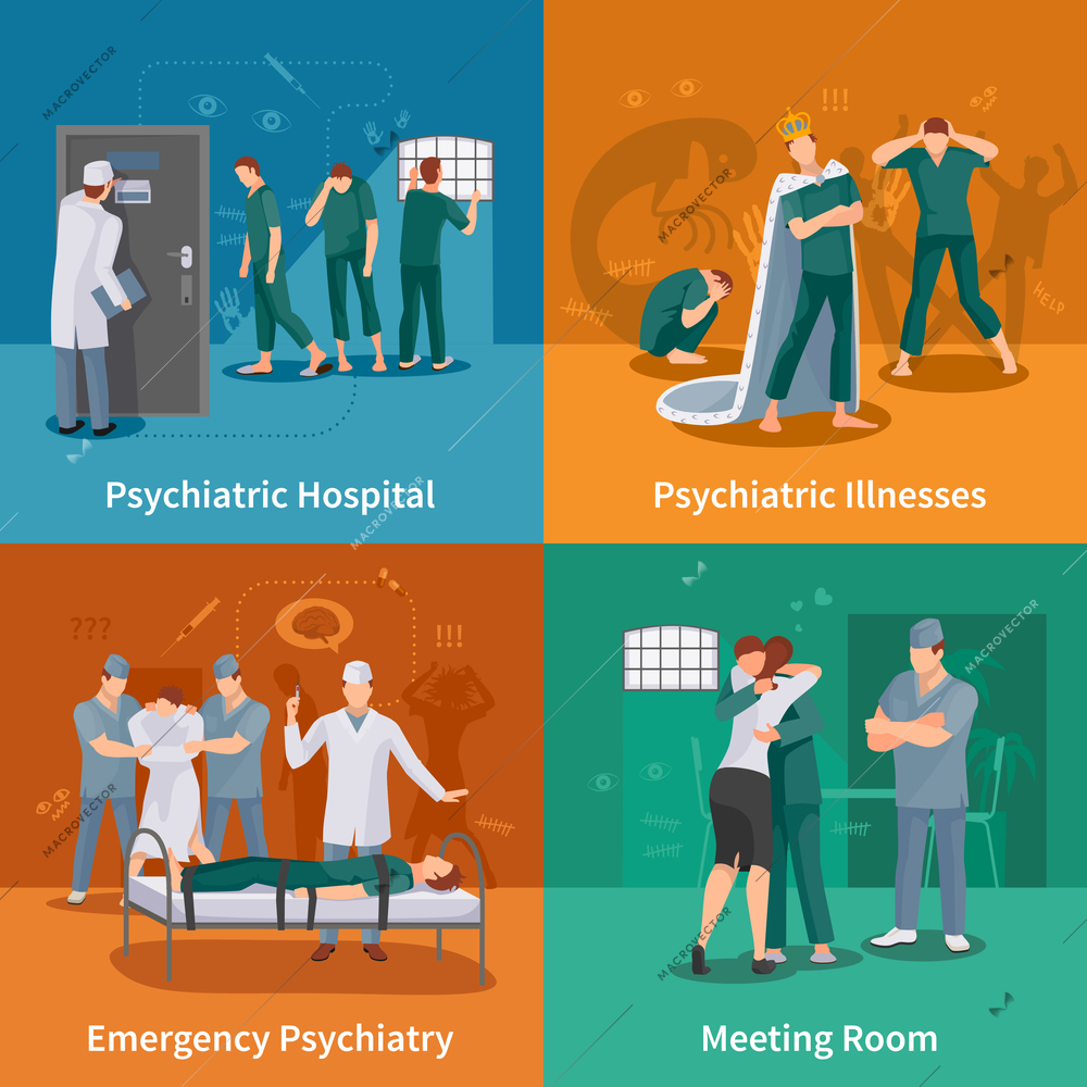 Psychiatric illnesses concept icons set with emergency psychiatry symbols flat isolated vector illustration