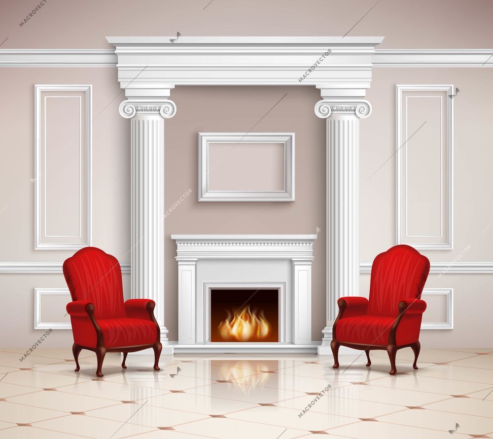 Realistic classic interior design with fireplace, moldings, columns and red armchairs on beige floor 3d vector illustration