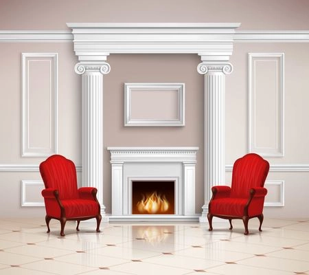 Realistic classic interior design with fireplace, moldings, columns and red armchairs on beige floor 3d vector illustration