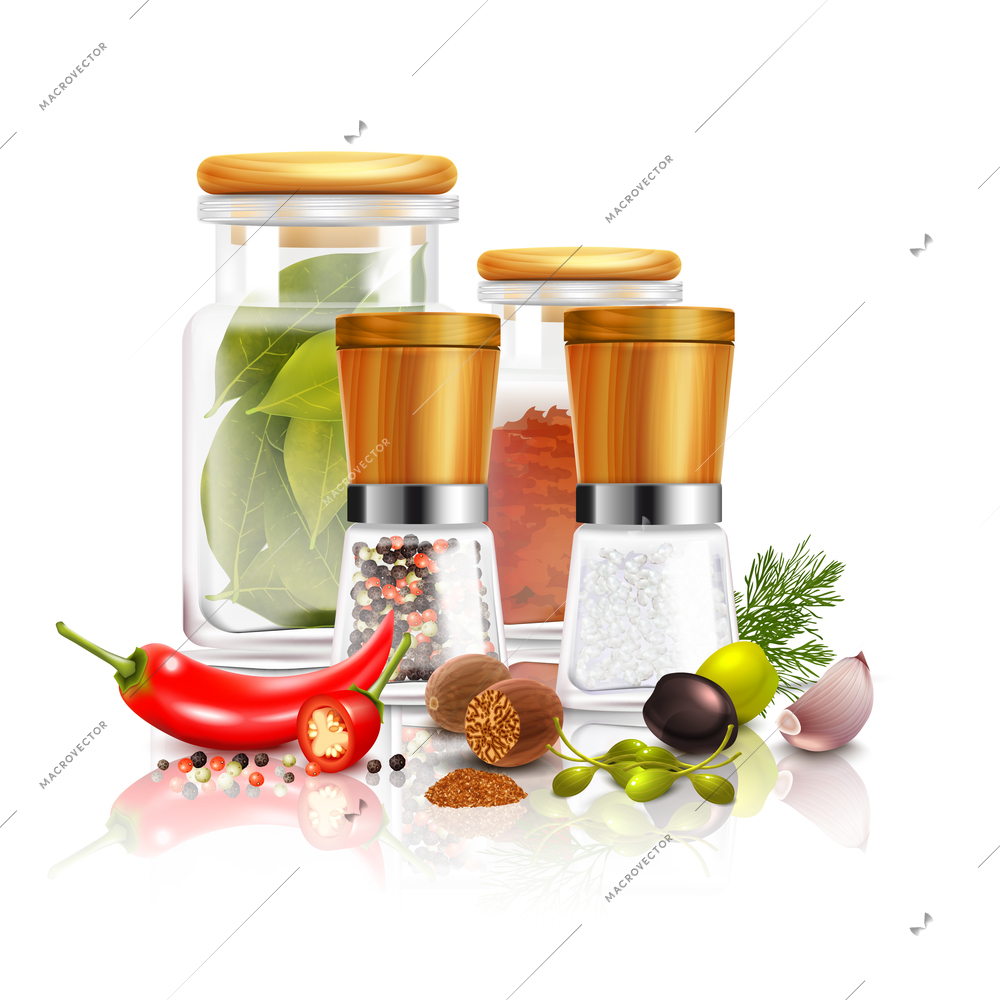 Spices 3d composition with bay leaves in glass jar pepper mill nutmeg on white background vector illustration