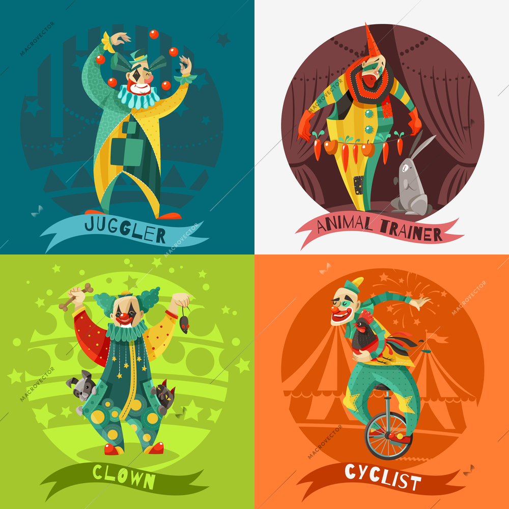 Traditional traveling circus clowns performance 4 retro icons square composition with rabbit trick colorful background isolated vector illustration