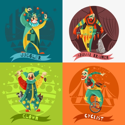 Traditional traveling circus clowns performance 4 retro icons square composition with rabbit trick colorful background isolated vector illustration