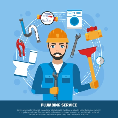 Plumber background with flat sanitary technician male character and round composition of tools and bathroom fitments vector illustration