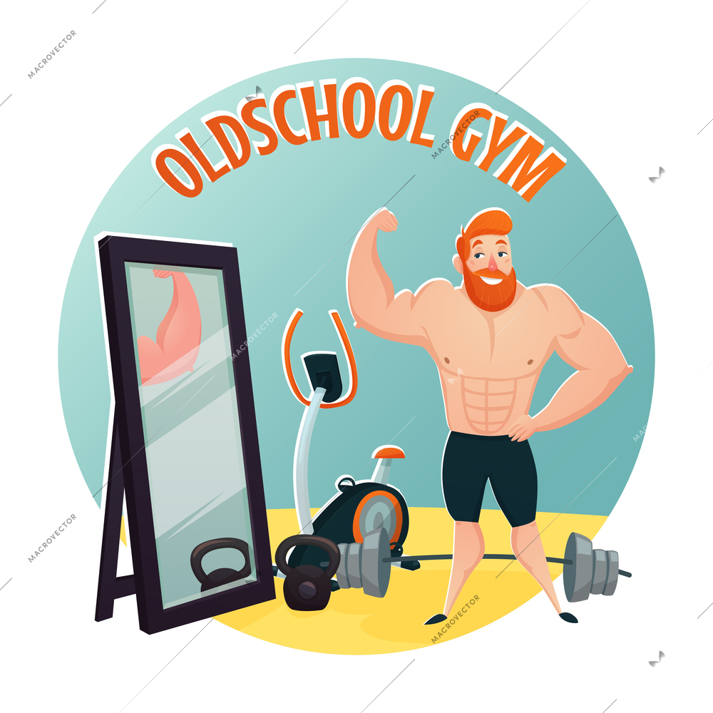 Gym school design concept with brutal red bearded guy demonstrating large biceps flat cartoon vector illustration