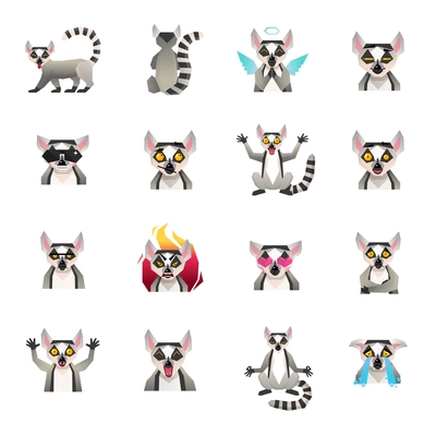 Lemur polygonal big set of sixteen isolated macaco funny cartoon character icons in flat doodle style vector illustration