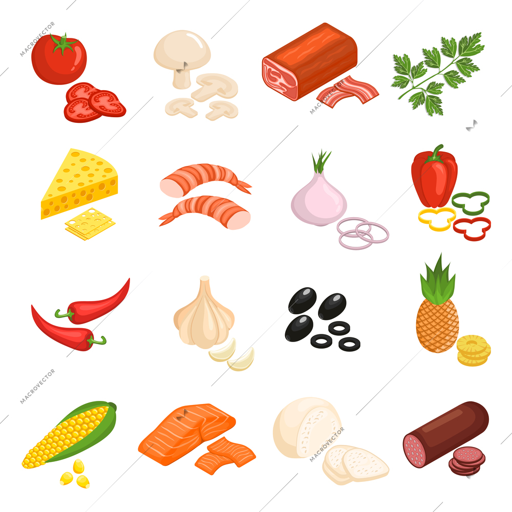 Pizza ingredients icons set with tomato onion and sausage flat isolated vector illustration