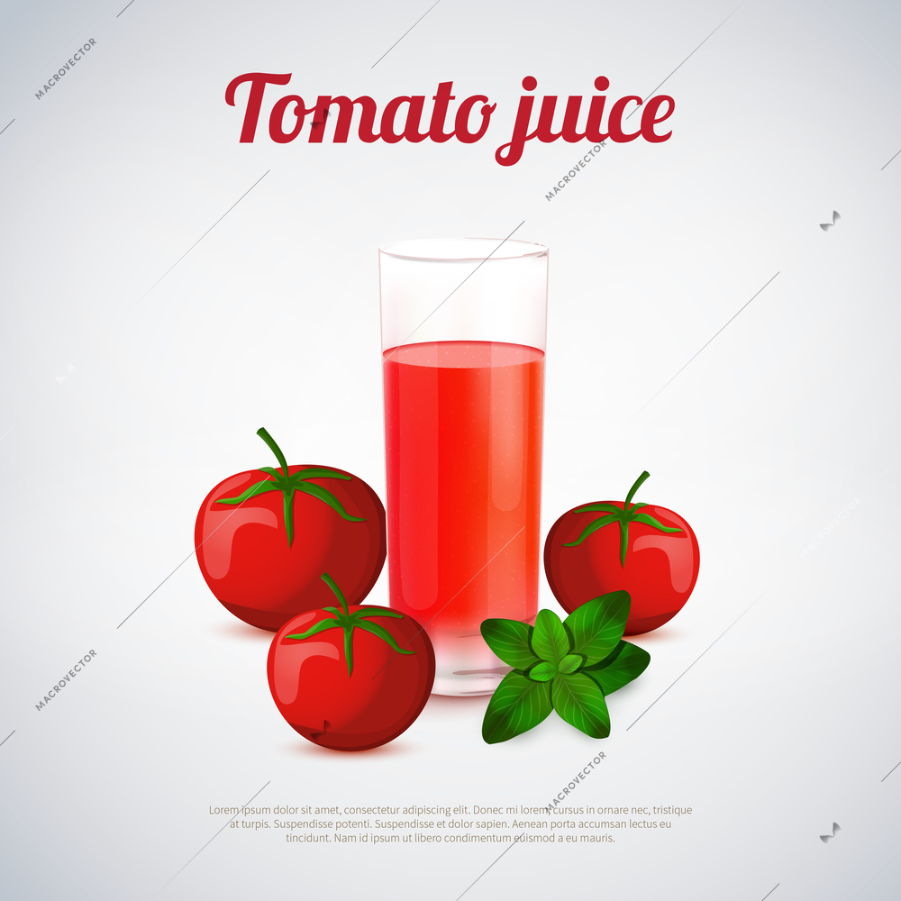 Tomato juice in glass with ingredients including fresh vegetables and green basil on light background vector illustration