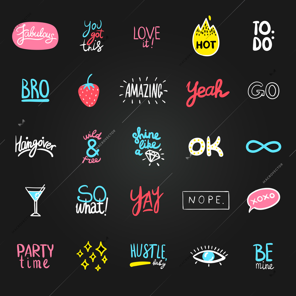 Chalkboard stickers set of twenty five isolated colorful labels with party symbols signs and decorative text vector illustration