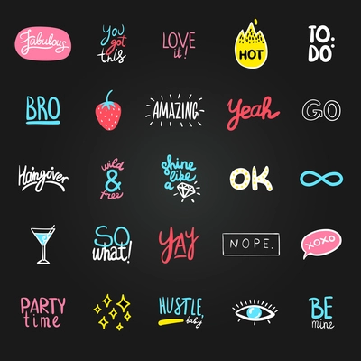 Chalkboard stickers set of twenty five isolated colorful labels with party symbols signs and decorative text vector illustration