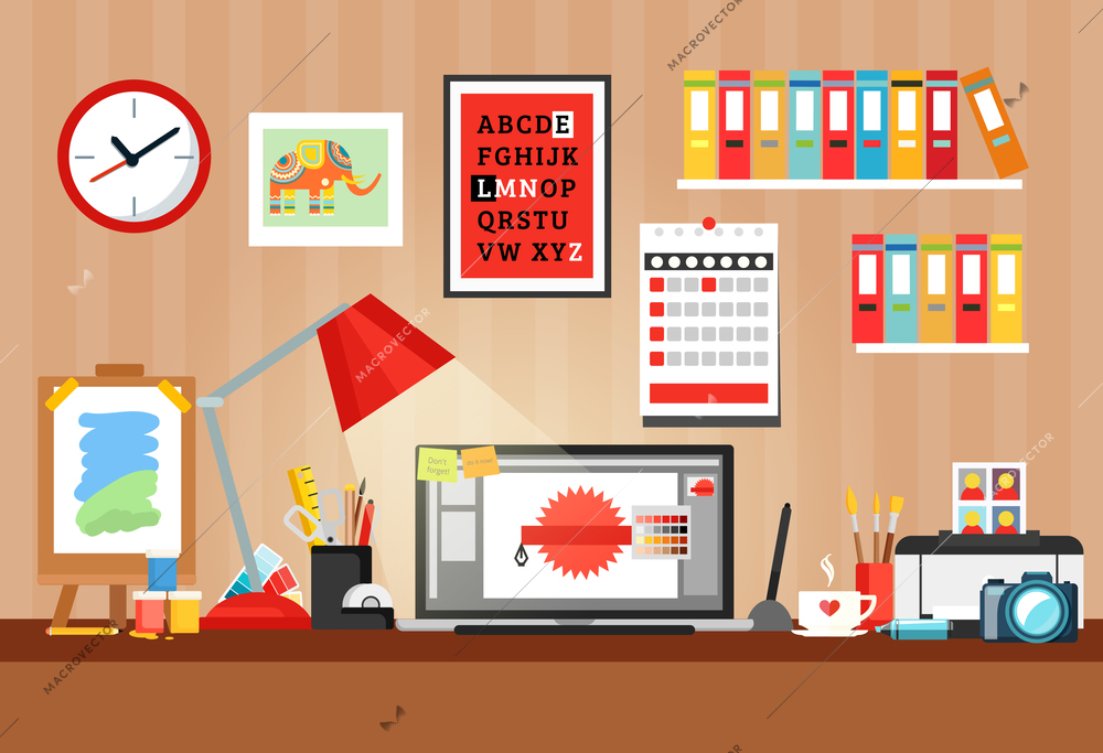 Colored and flat designer workplace composition with office space and table with attributes vector illustration