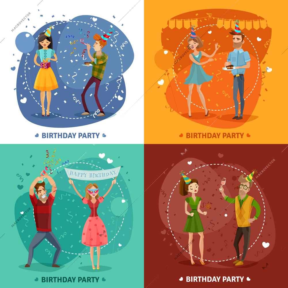 Birthday party 4 festive icons square with happy celebrating couples on colorful background isolated vector illustration